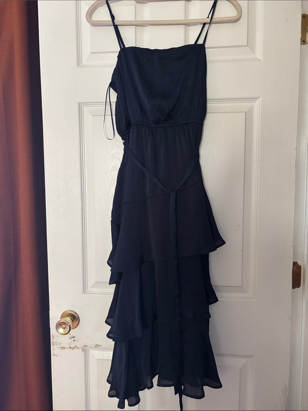 Francesca's Collections Navy Strapless Tiered Ruffle Maxi Dress with Waist Tie